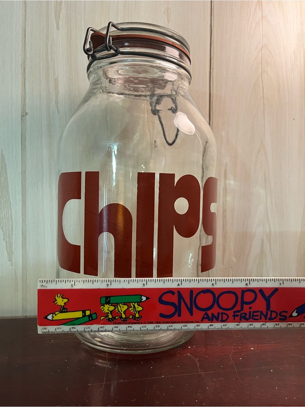 Vintage 'chips' Glass Storage Jar with Clamp Lid - Brown Lettering